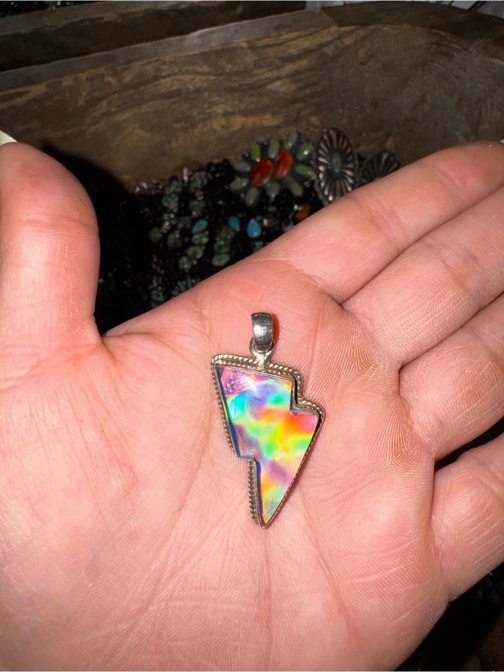 Iridescent Lightning-Shaped Opal Sterling Pendant - Picture 3 of 7